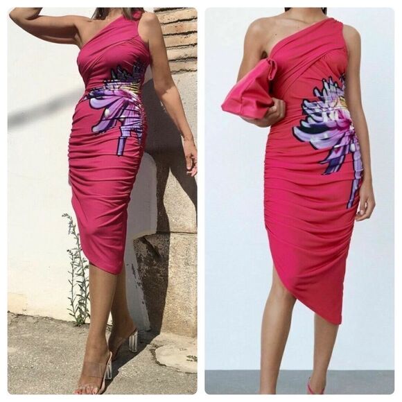 ZARA DRAPED DRESS LIMITED COLLECTION WITH SIDE FLORAL PRINT NEW - Picture 1 of 7